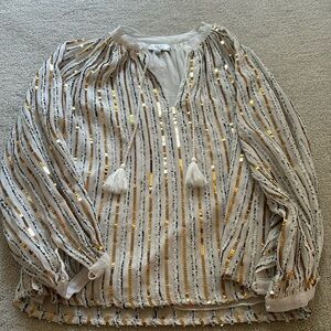 Johnny Was Jade Eden Gold Sequin Chenille Peasant Style Blouse White Size S